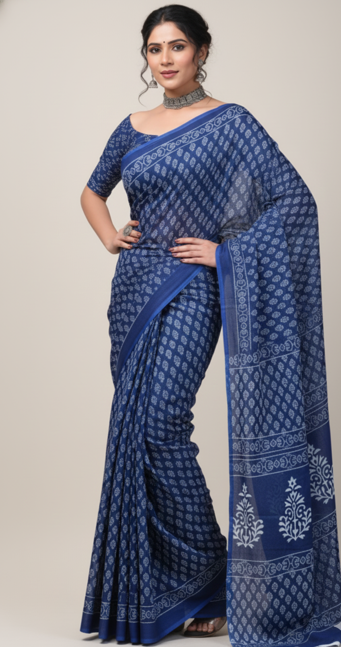 Navy Blue White Ajrakh Printed Cotton Mulmul Saree