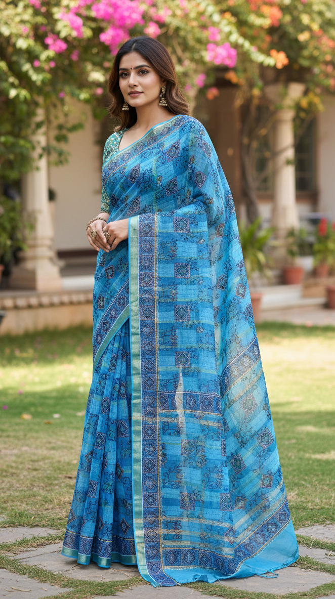 Sky blue printed cotton saree