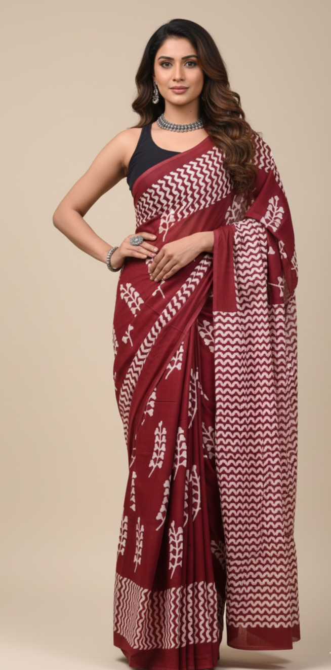 Red White Printed Cotton Mulmul Saree