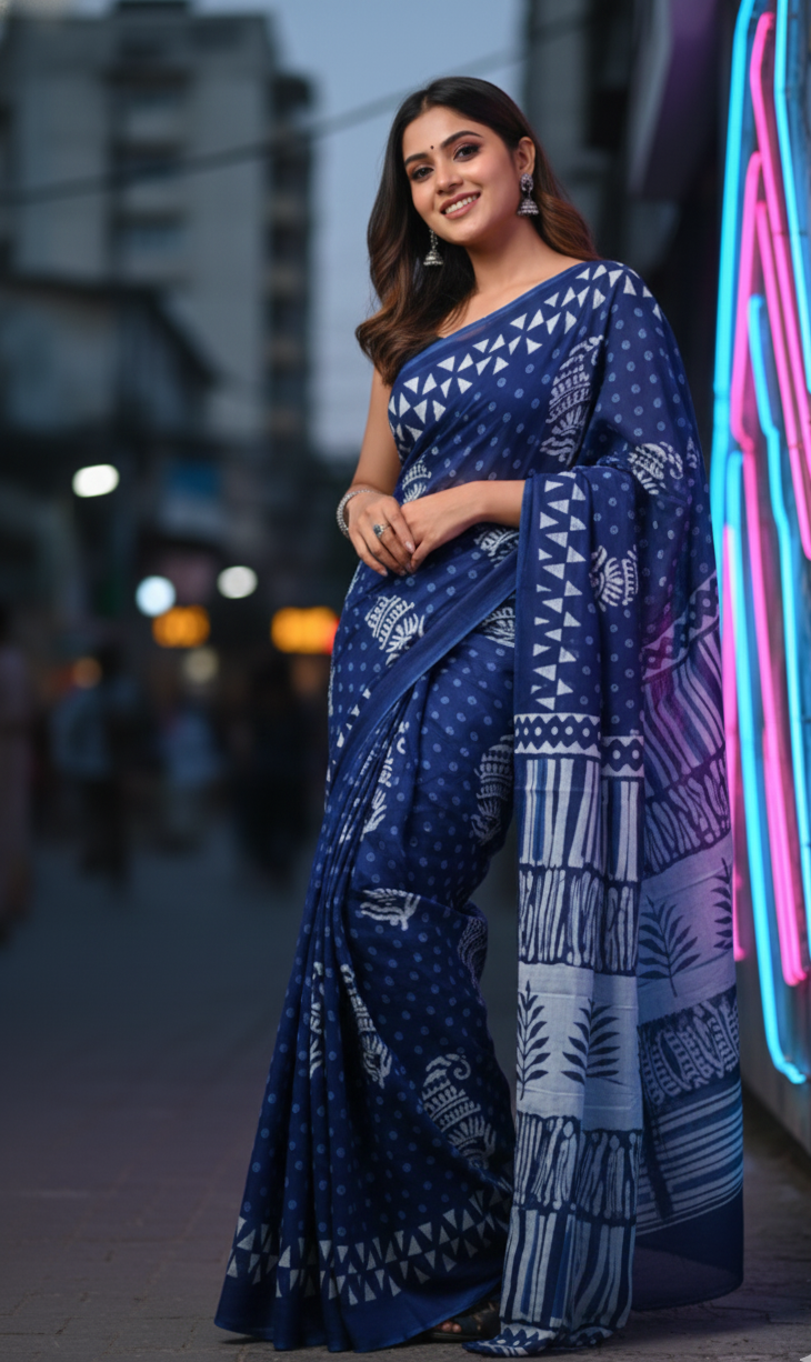 Ocean Blue White Leaf Printed Cotton Mulmul Saree