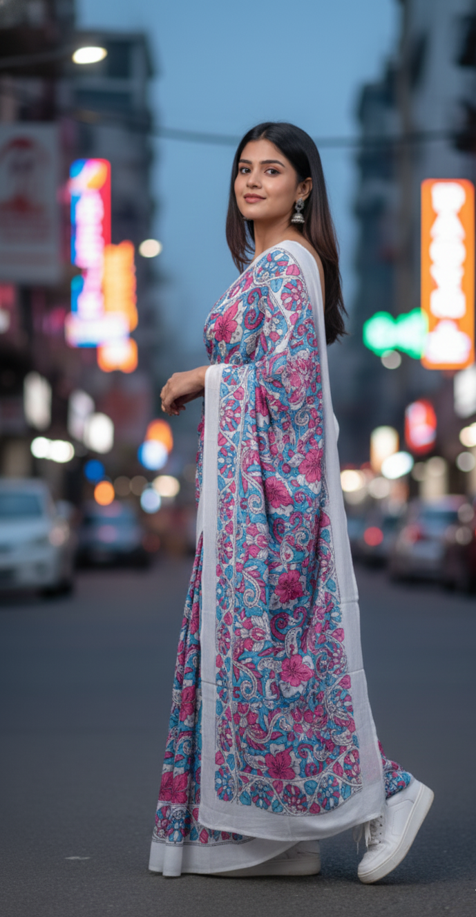 Blue Red Kalamkari Printed Cotton Mulmul Saree