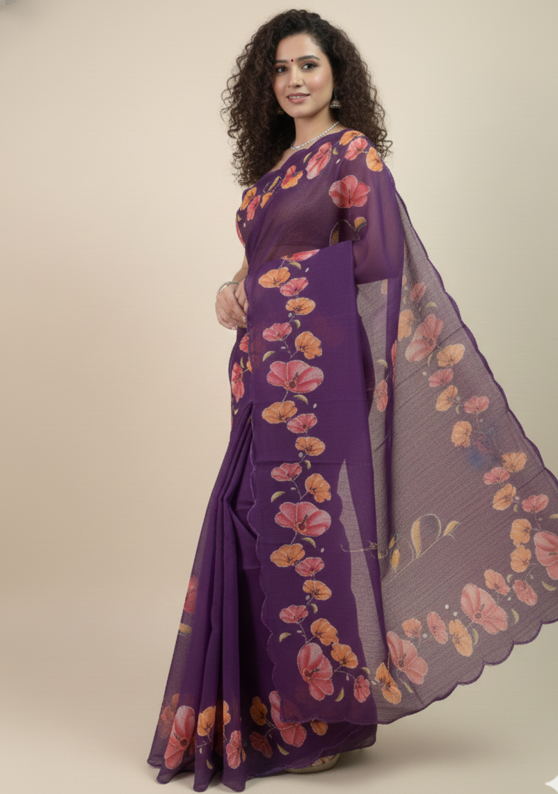 Purple Floral Cotton Saree
