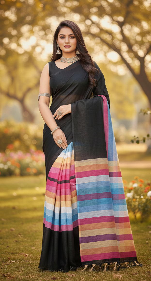 Black Rainbow cotton Saree