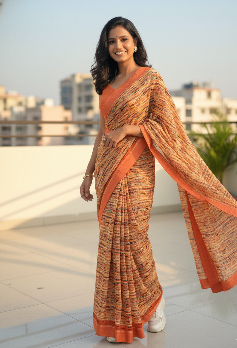 Orange Printed Soft Saree