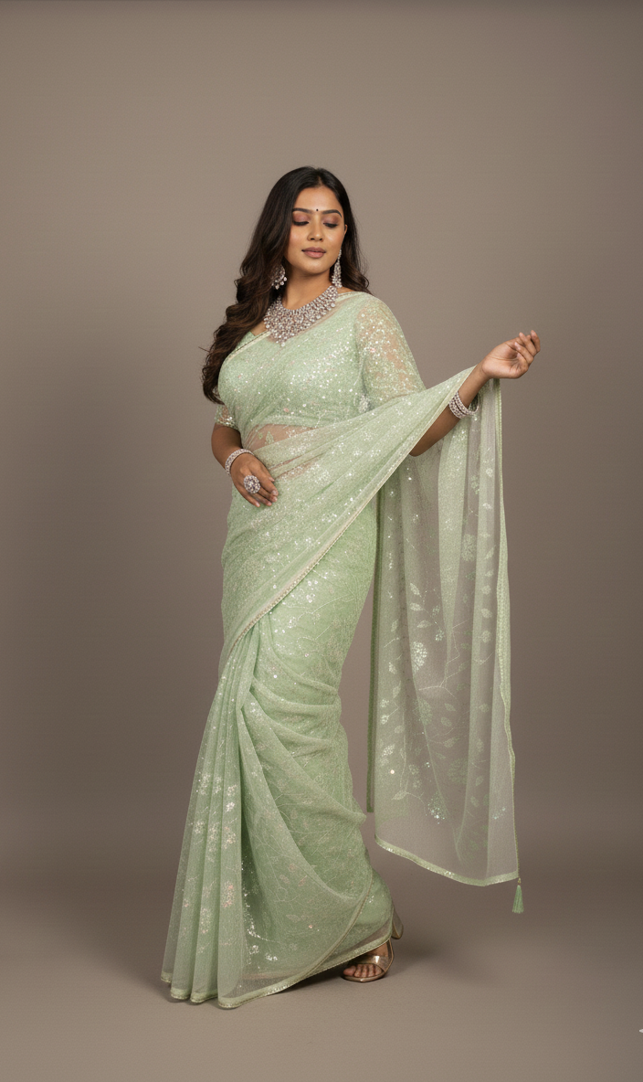 Light Green Sequin Party Wear Saree