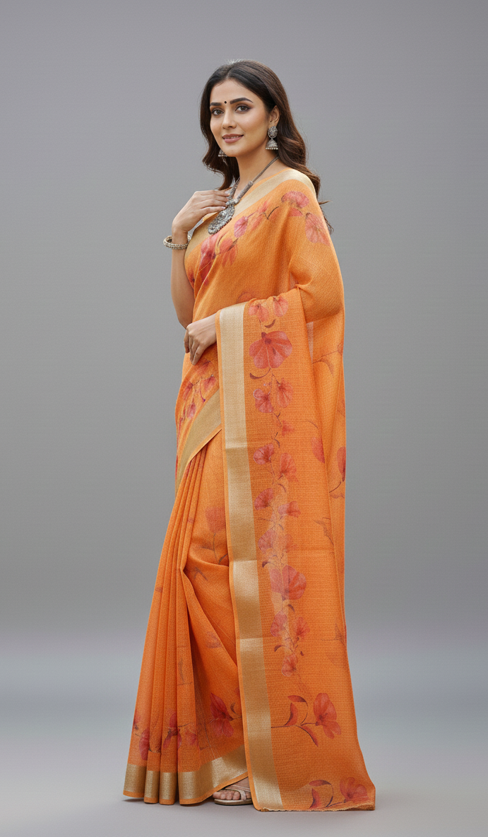 Orange Floral Cotton Saree