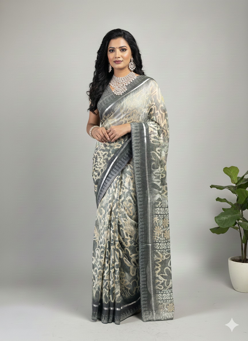 Grey Green Printed Linen Saree