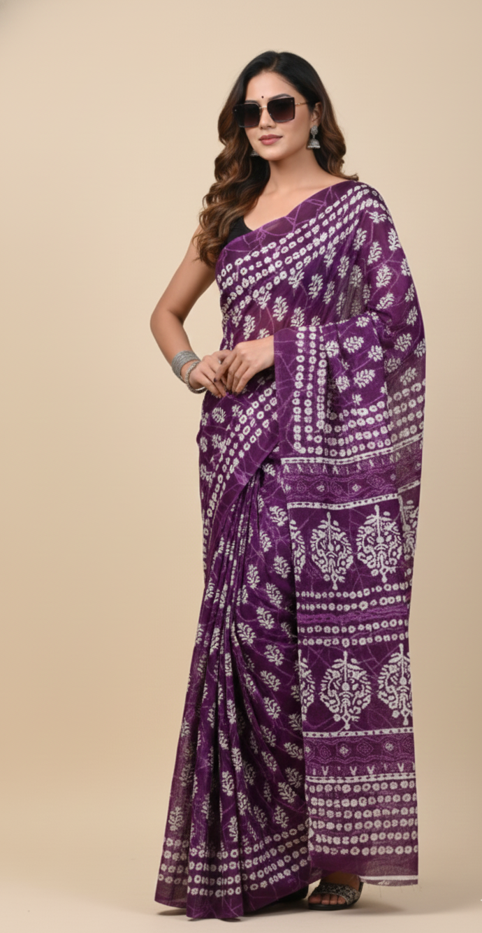 Purple White Leaf Printed Cotton Mulmul Saree