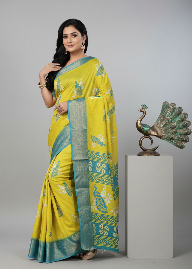 Lemon Yellow Sky Blue Peacock Printed dola silkSaree