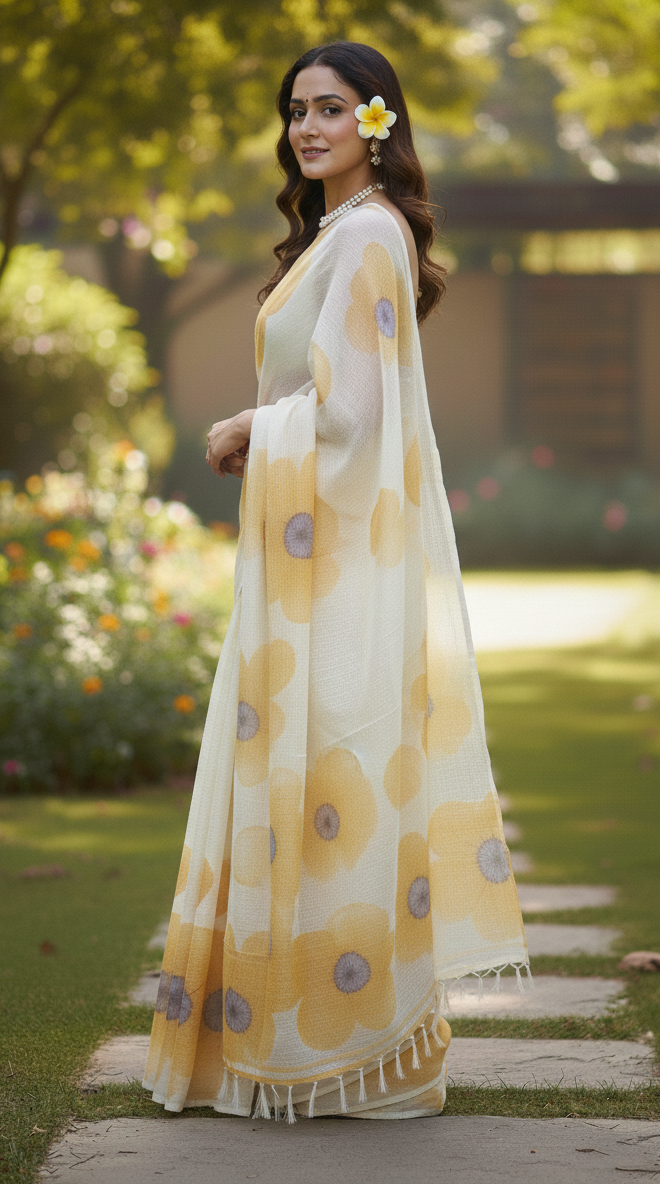 Cream big flowers Printed Saree