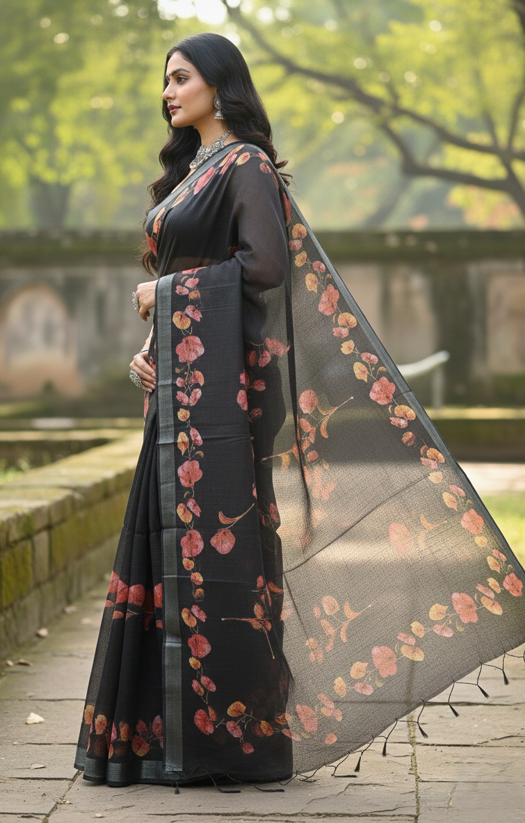 Black Floral Cotton Saree
