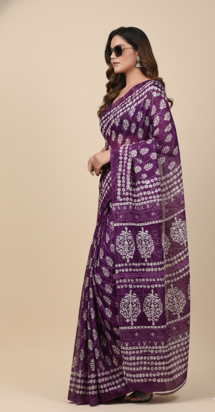 Purple White Leaf Printed Cotton Mulmul Saree