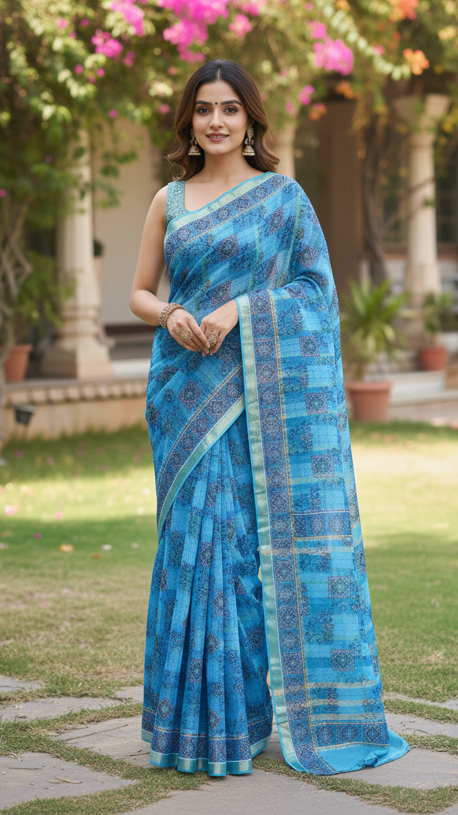 Sky blue printed cotton saree