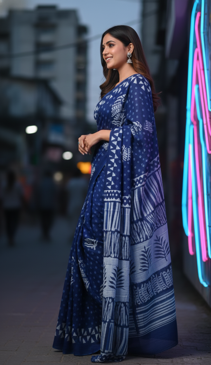 Ocean Blue White Leaf Printed Cotton Mulmul Saree