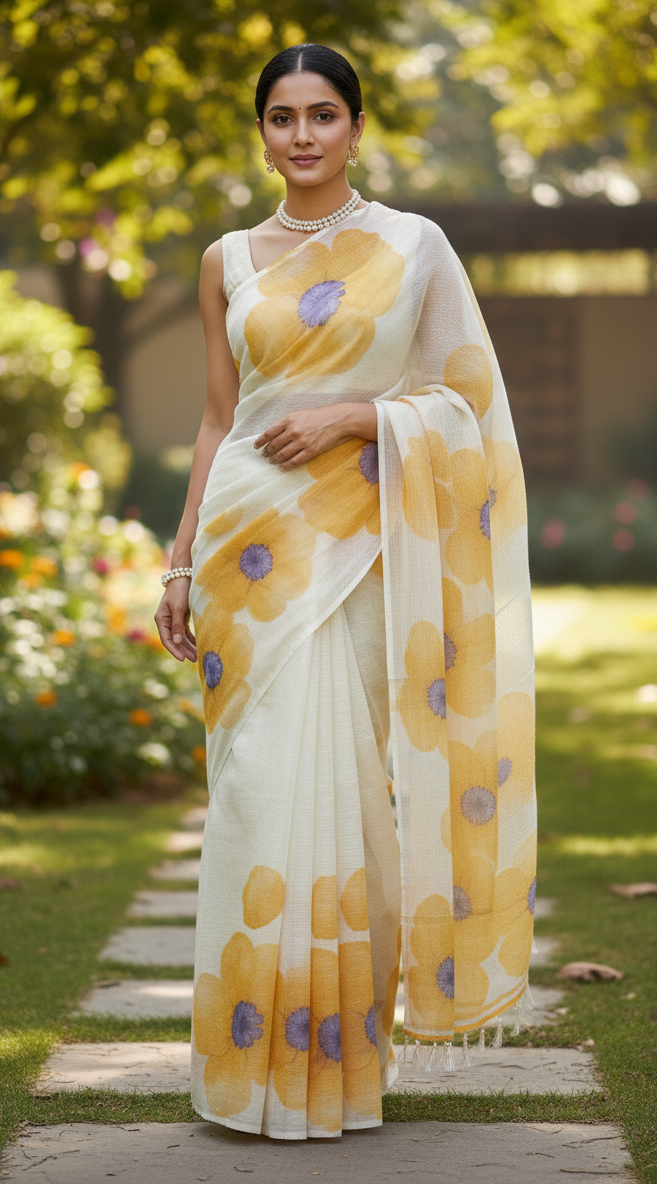 Cream big flowers Printed Saree