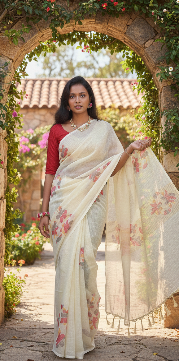 Cream Floral Cotton Saree