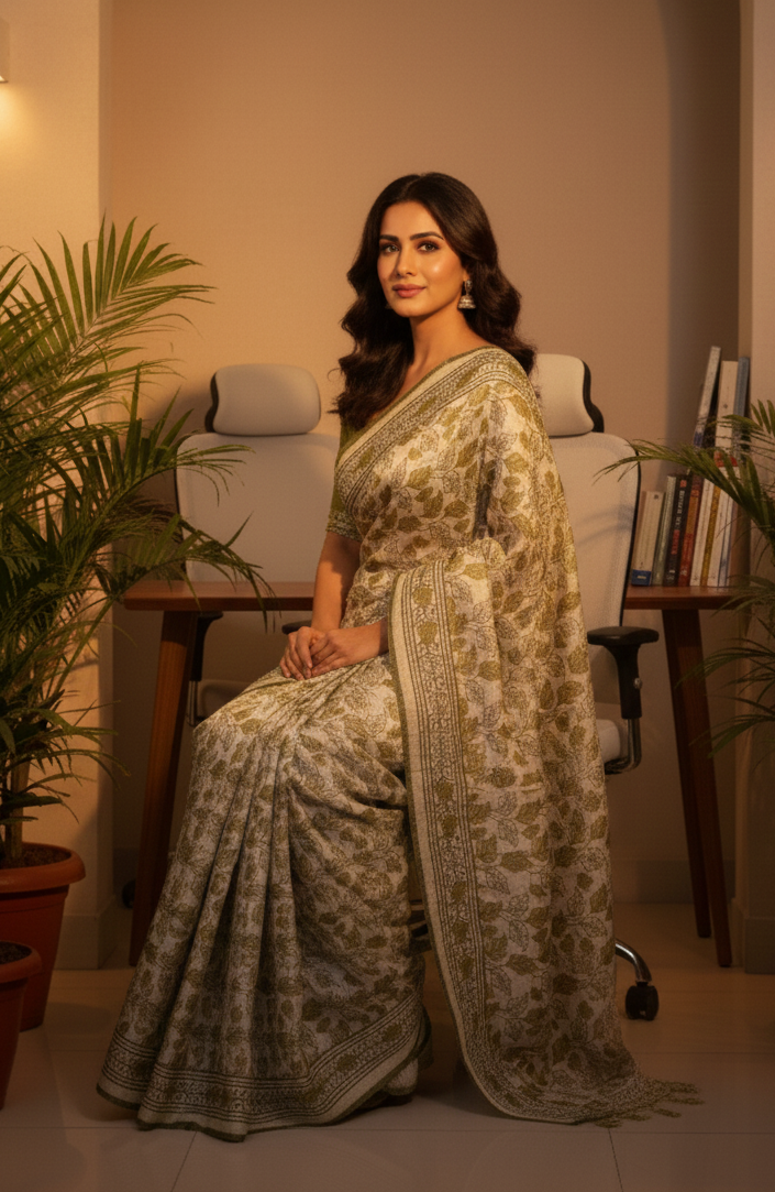 Green Printed Semicotton Corporate Saree