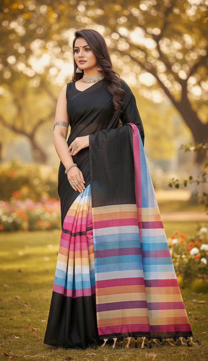 Black Rainbow cotton Saree