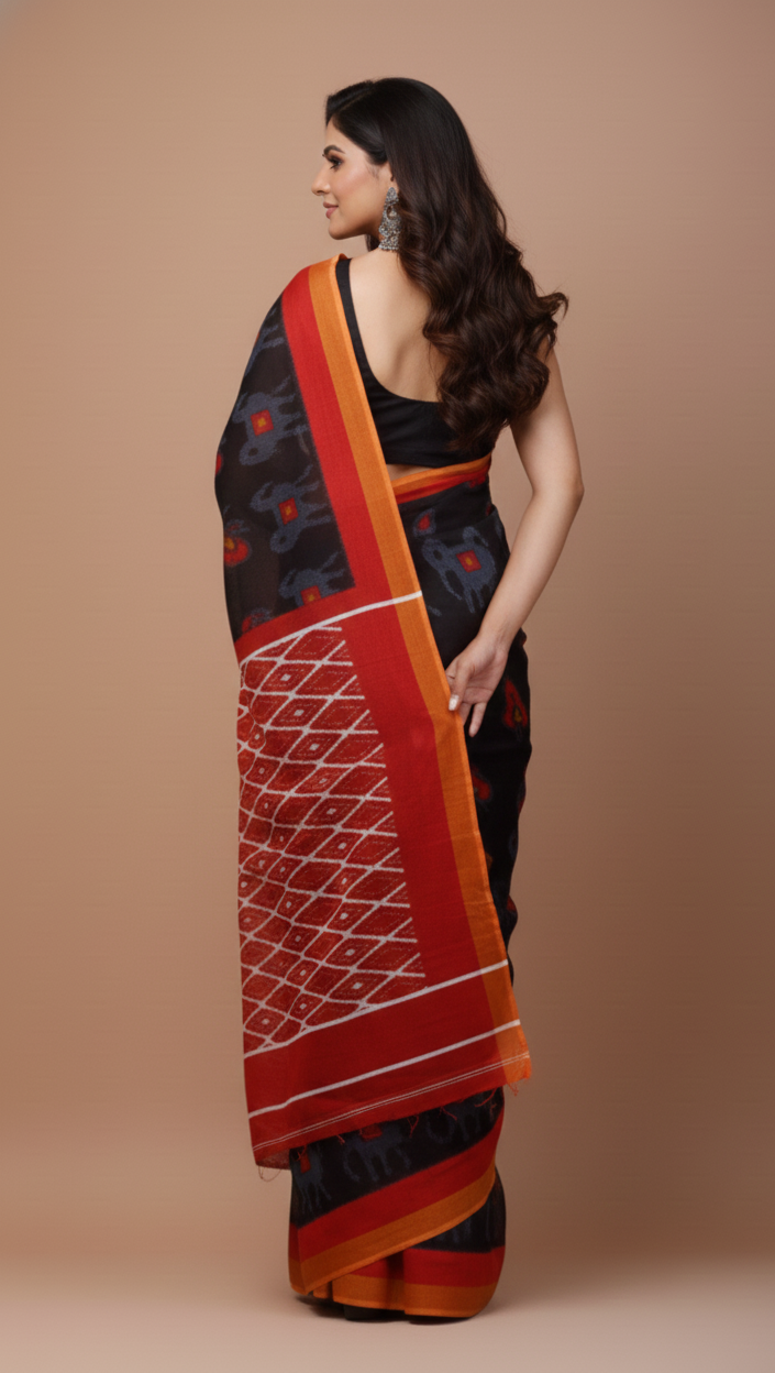 Black Printed Cotton Mulmul Saree