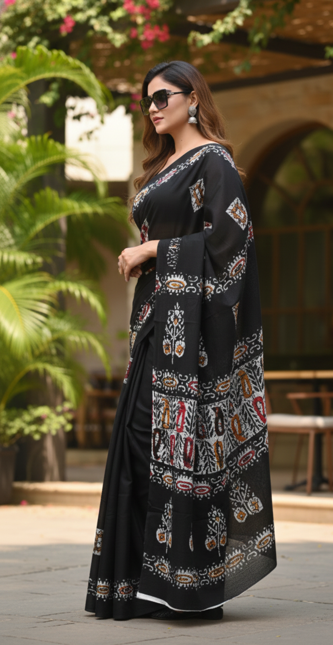 Black Batik Printed Cotton Mulmul Saree