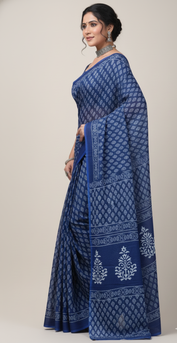 Navy Blue White Ajrakh Printed Cotton Mulmul Saree