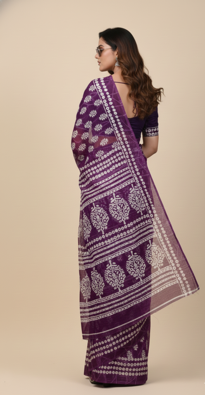 Purple White Leaf Printed Cotton Mulmul Saree