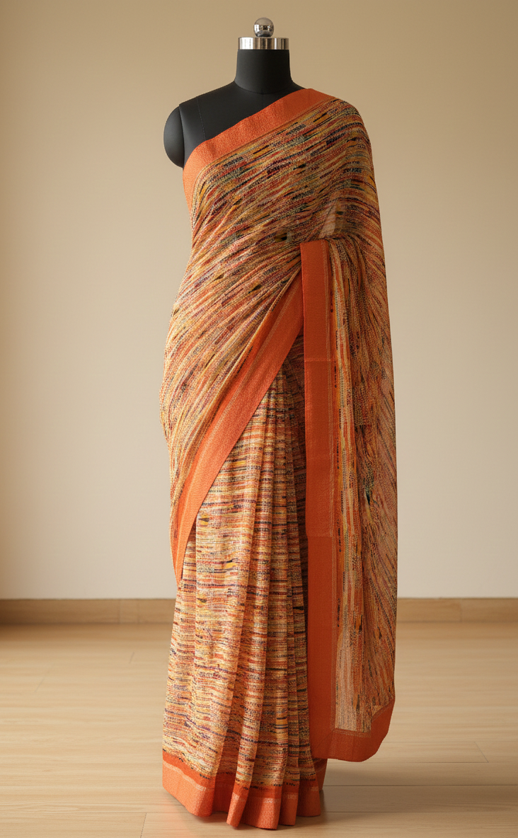 Orange Printed Soft Saree
