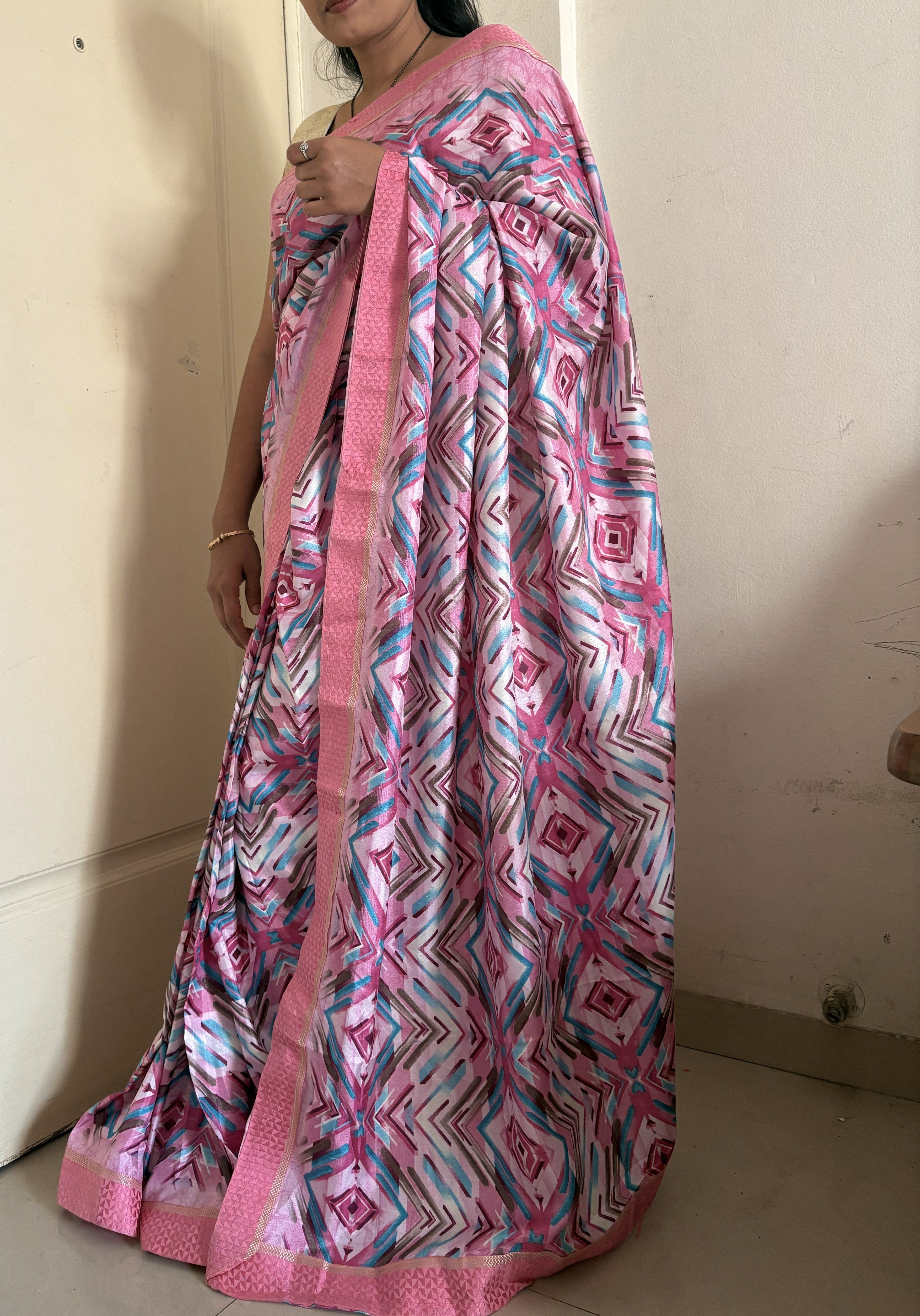 Light Pink block Printed Soft dola silk Saree