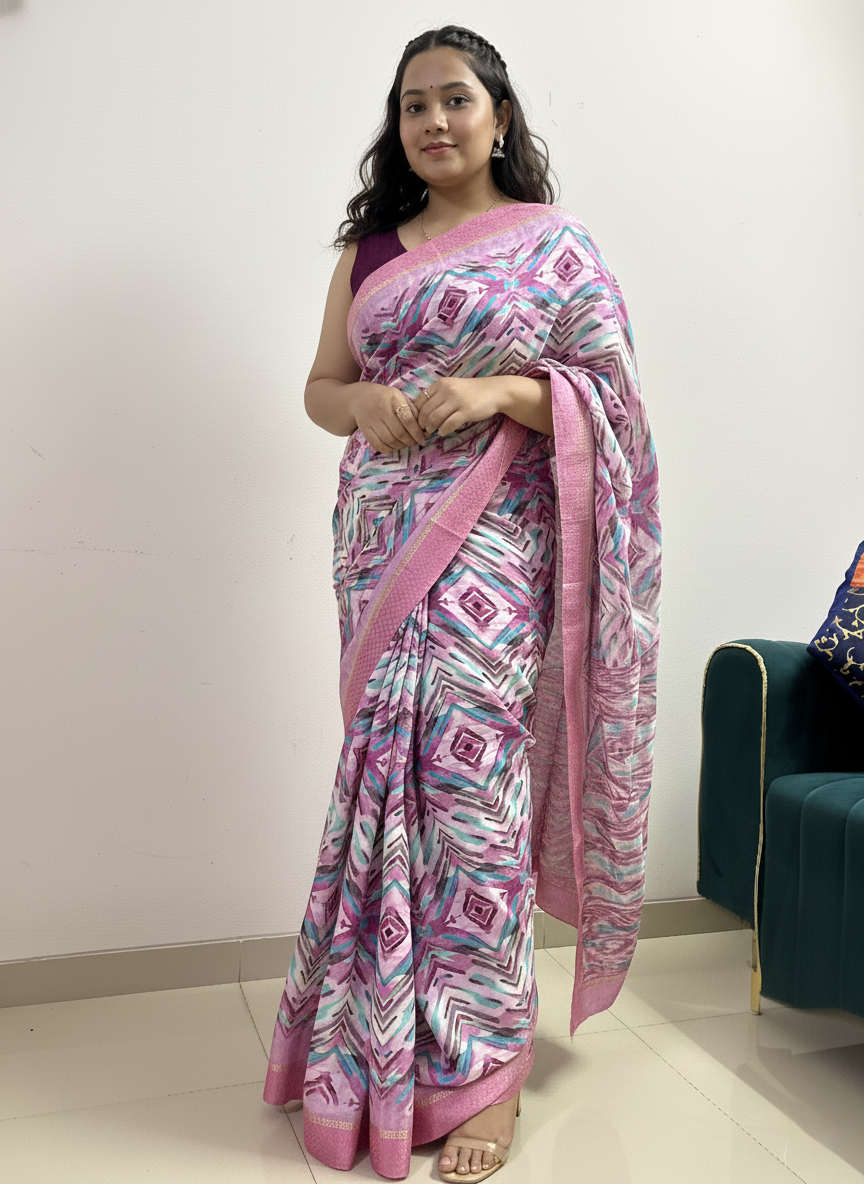Light Pink block Printed Soft dola silk Saree
