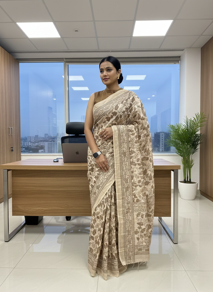 Coffee Leaf Printed Semicotton Corporate Saree
