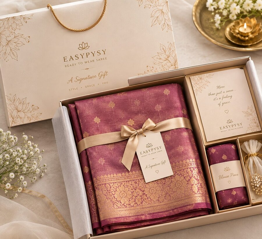 Easypysy Signature Gift package — luxury saree and accessories in premium wine box