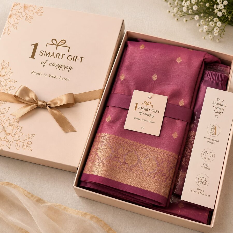 Easypysy Smart Gift package — ready to wear saree in premium maroon and gold packaging